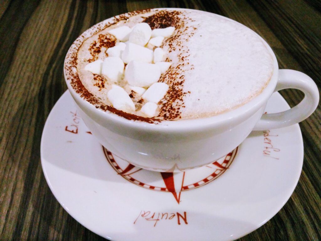 Chocolate quente em uma xícara, sugestão para dias frios e chuvosos em Campos do Jordão